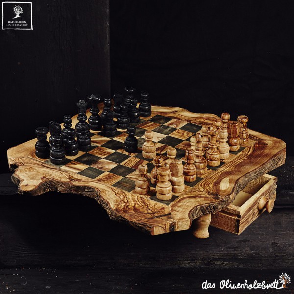 Chess Game Out Of Olive Wood With Drawer Including Figures